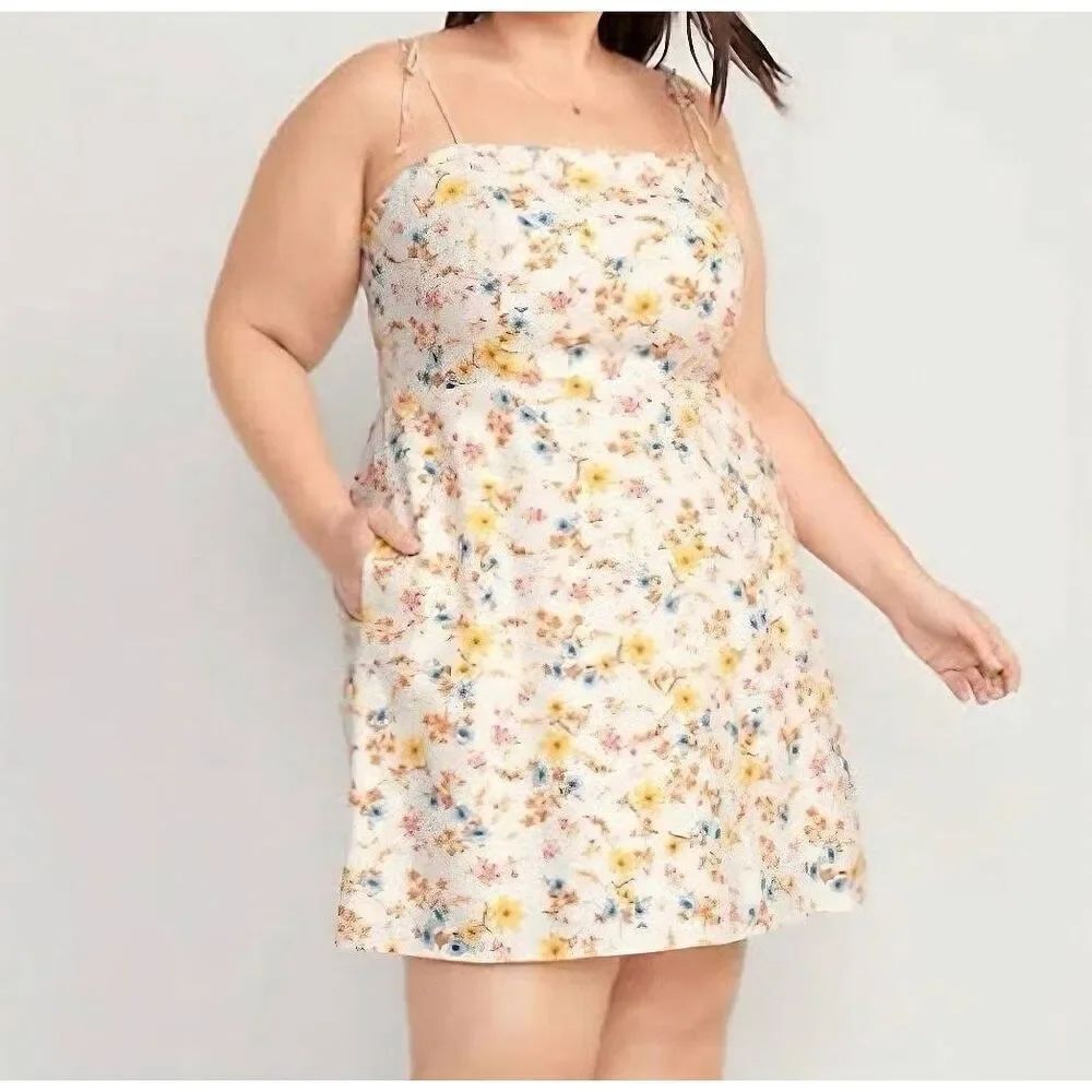 Old Navy Dress Women's XXL Tall Cream Floral Mini Linen Blend Tie Strap